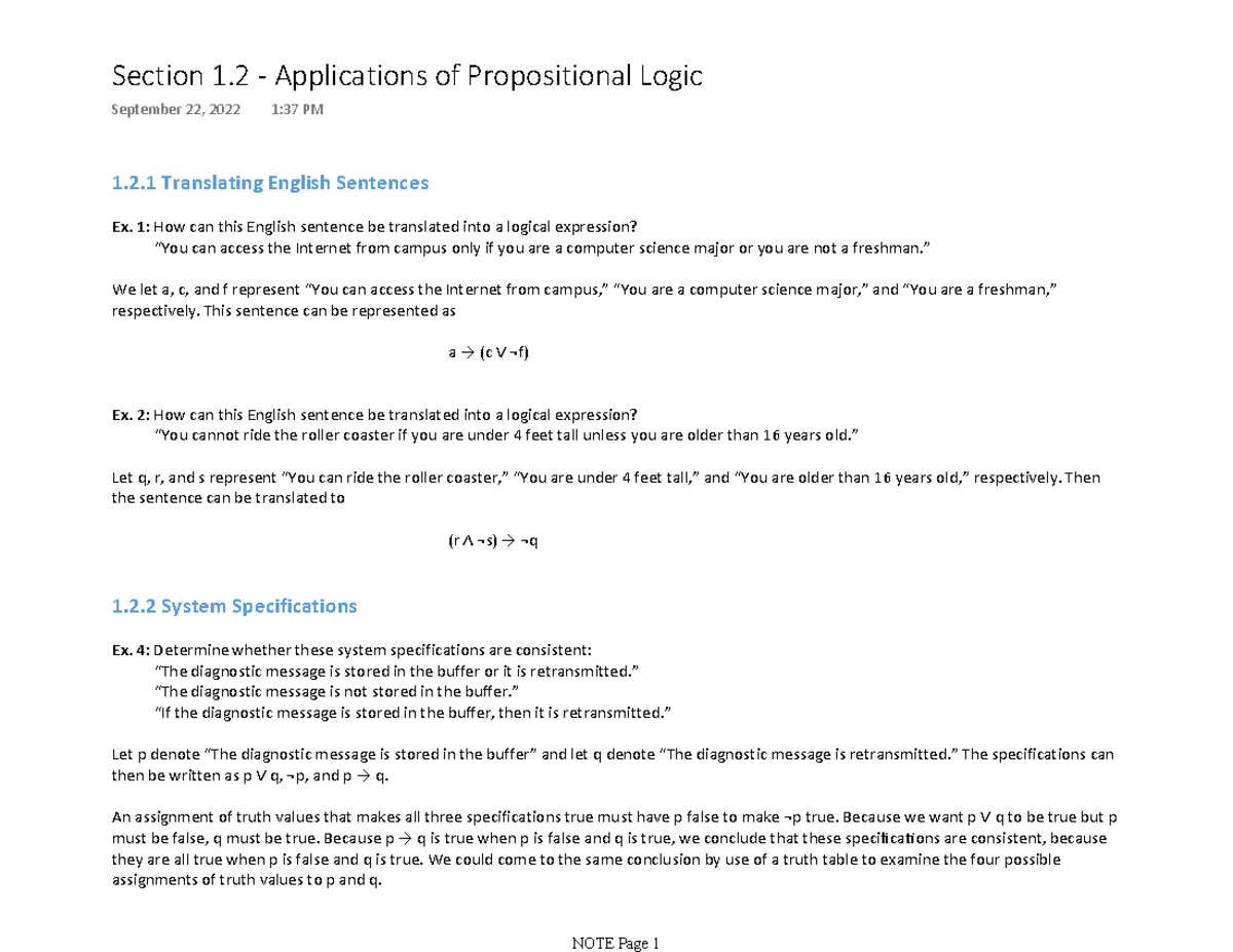 Section 1 2 application of propositional logic 1 2 translating