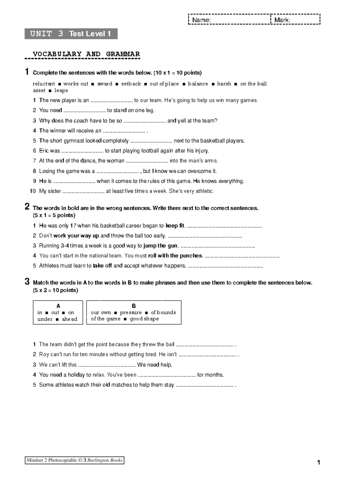 UNIT 3 Test Level 1: Vocabulary and Grammar Exercises - Studocu