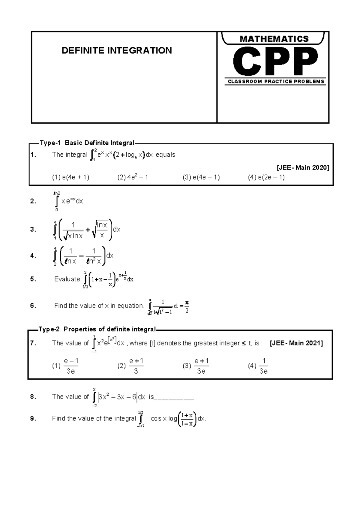 Definite Integration Classroom Practice Problems (CPP) - Studocu