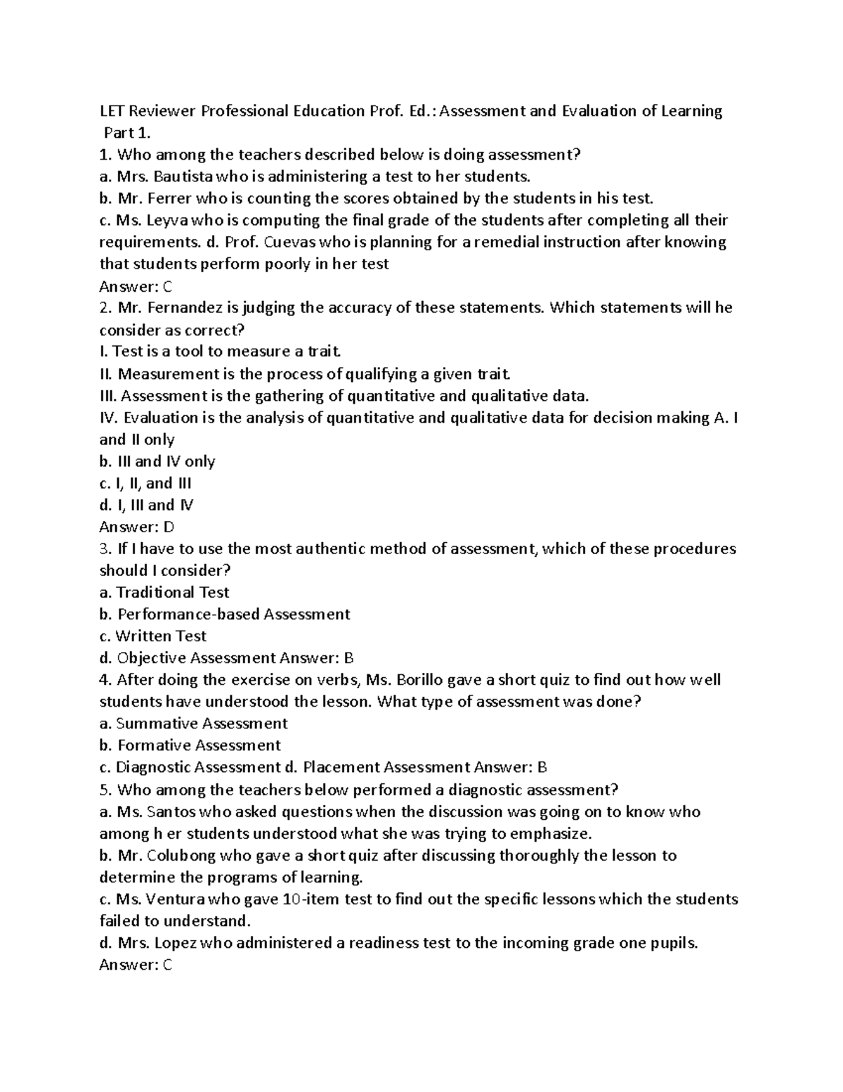 Assessment and Evaluation of Learning: Part 1 LET Reviewer - Studocu