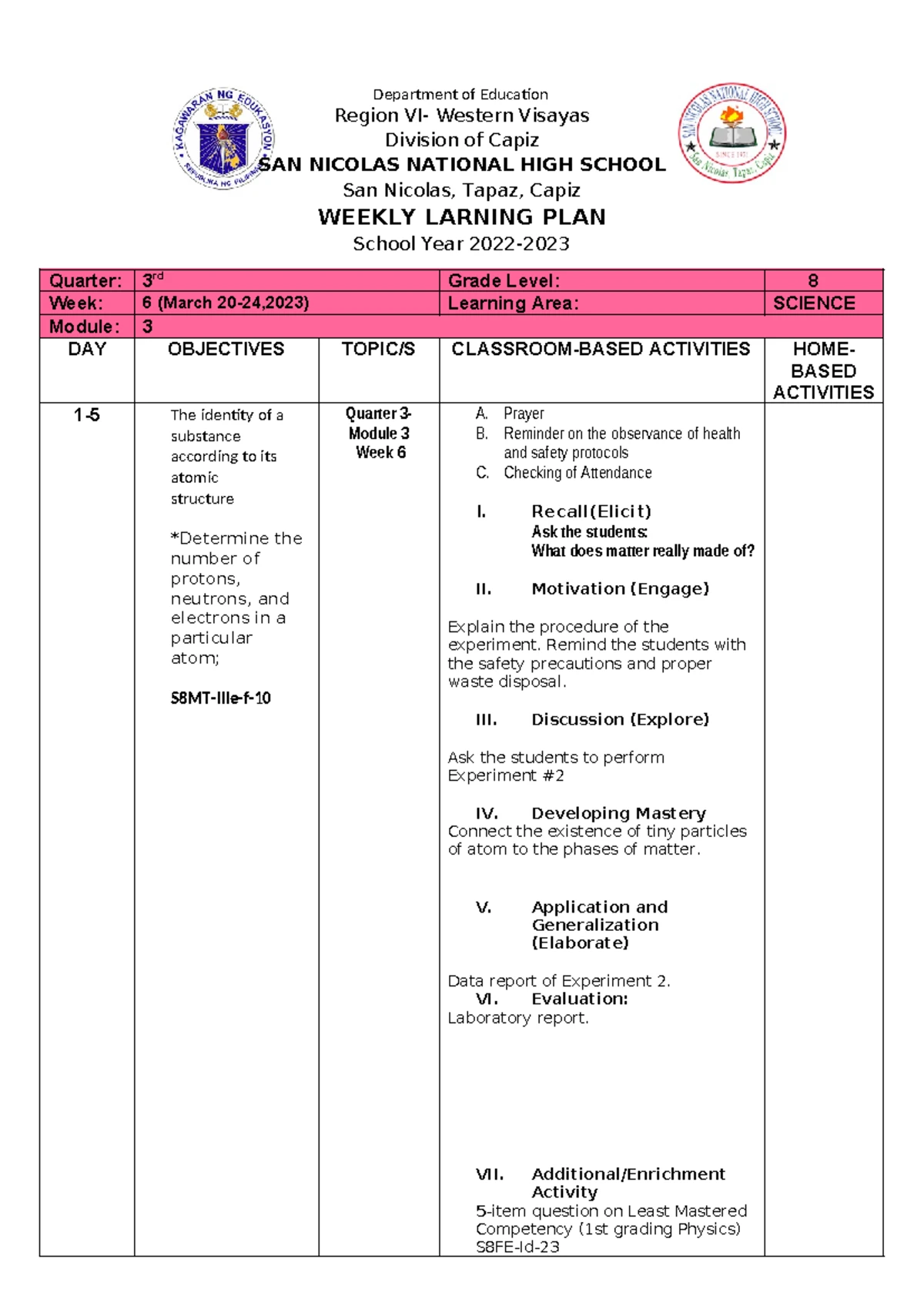 WLP - Science 8 - Weekly Learning Plan for Week 3 - Studocu