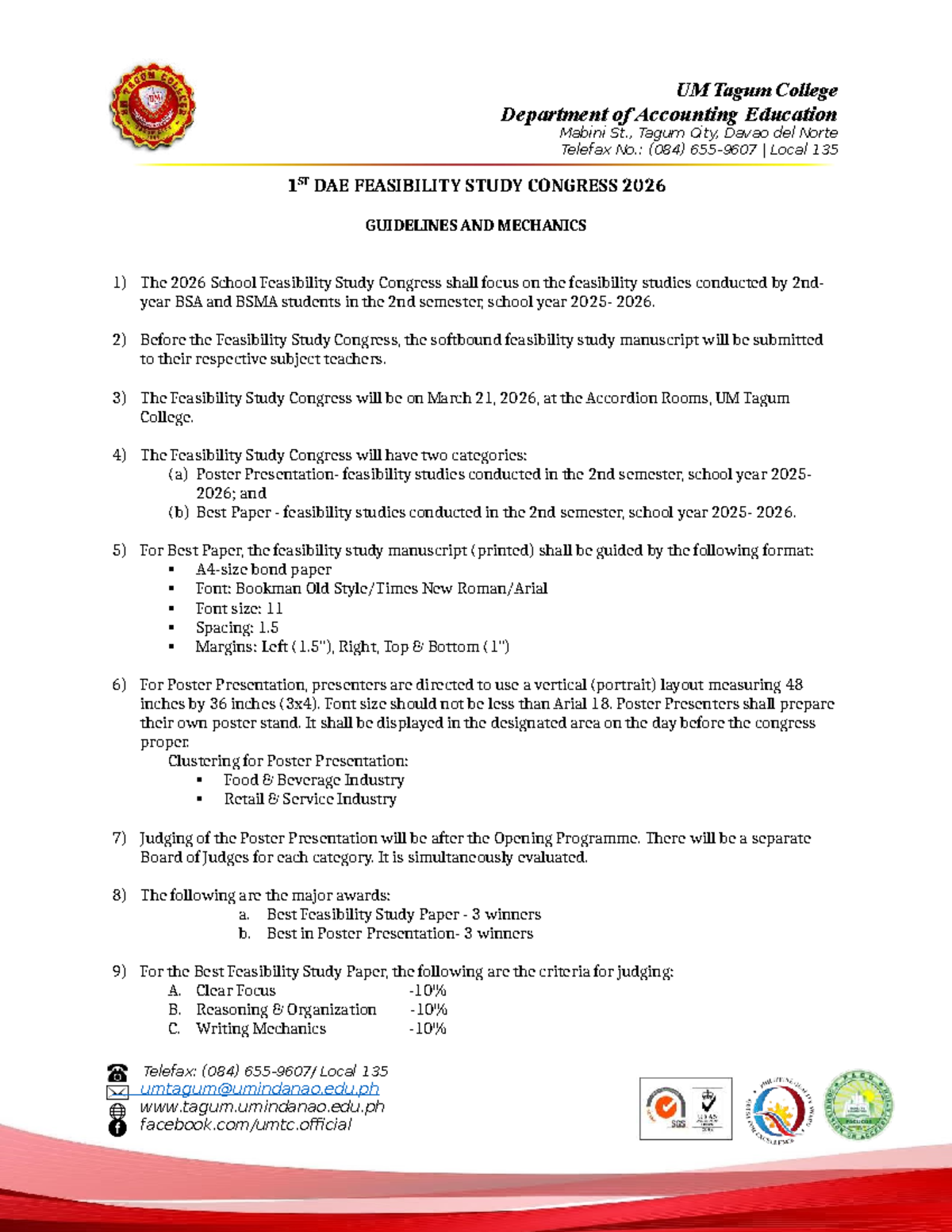 UM Tagum College 1st DAE Feasibility Study Congress 2026 Guidelines ...