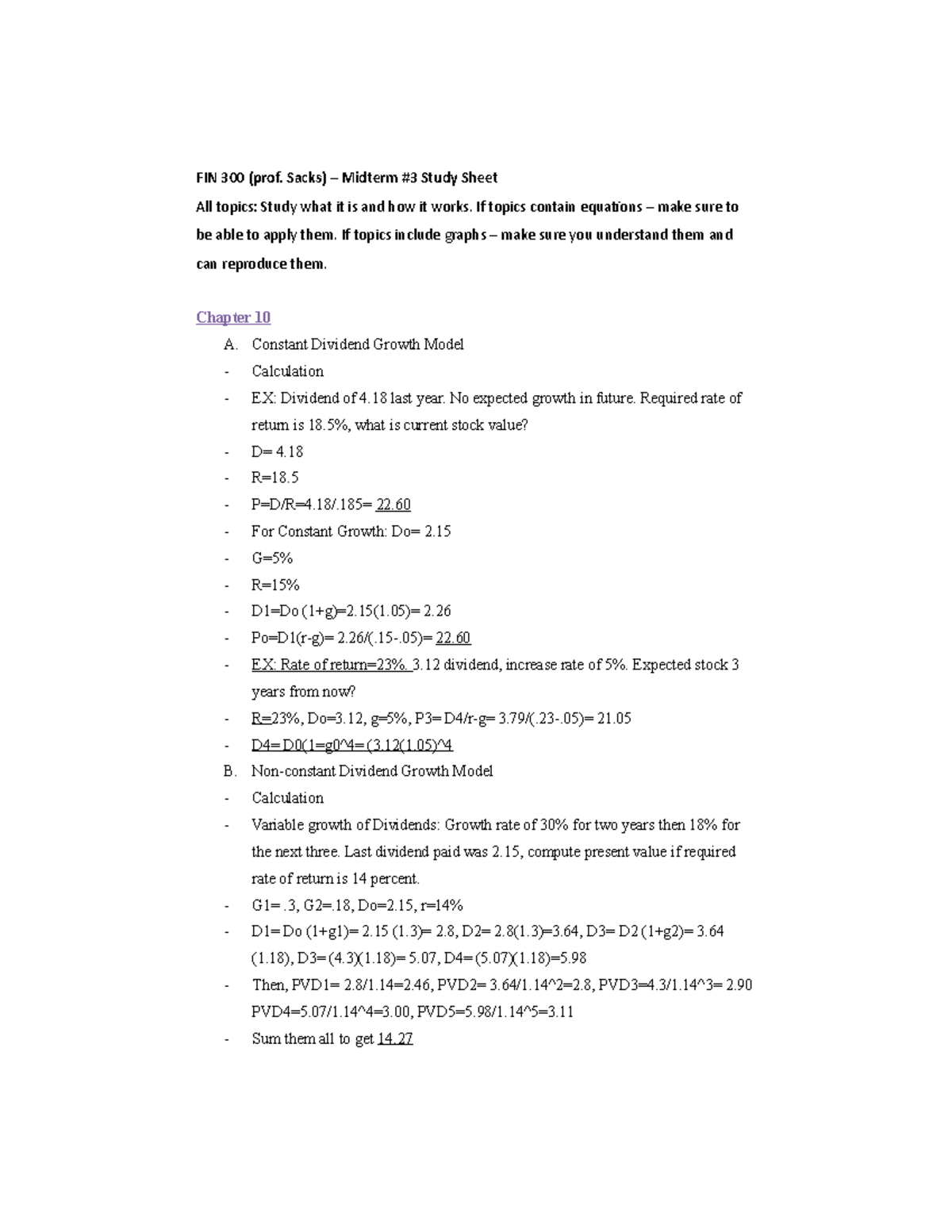 Study Guide Mid 3 - FIN 300 (prof. Sacks) – Midterm #3 Study Sheet All ...