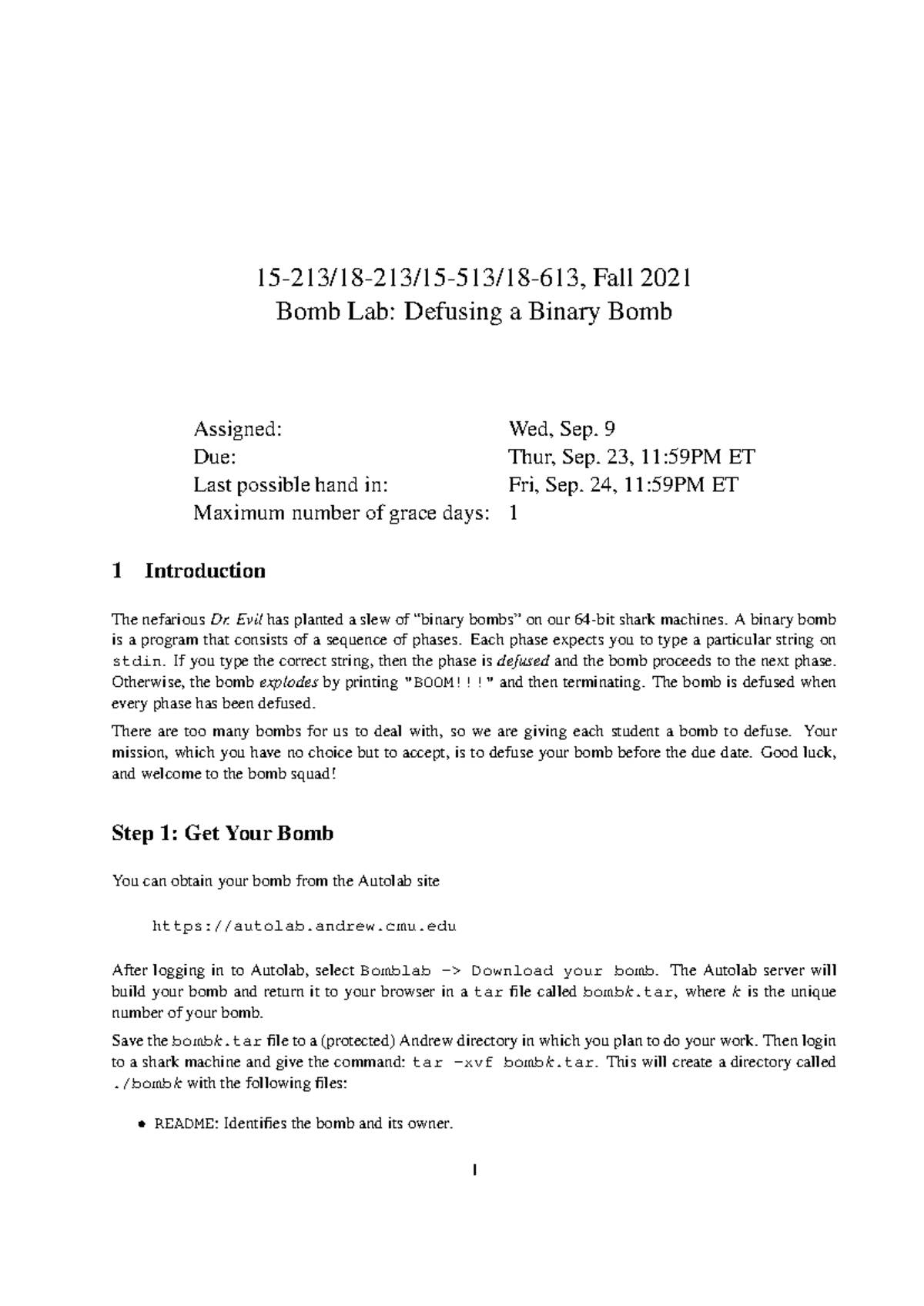 15-213/18-213/15-513/18-613 Bomb Lab: Defusing Your Binary Bomb Guide ...