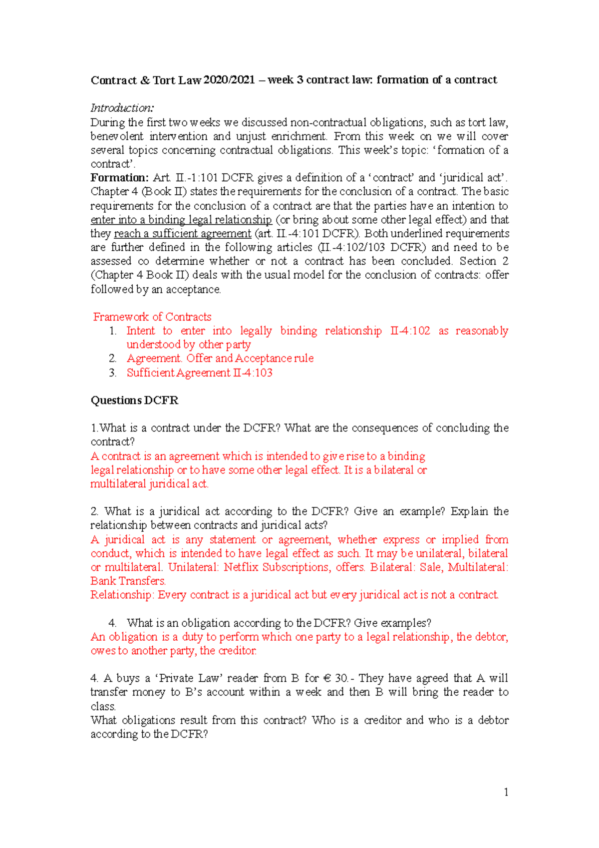 Week 3 Contract Law Formation: DCFR Guidelines & Q&A C&TL 2020/21 ...
