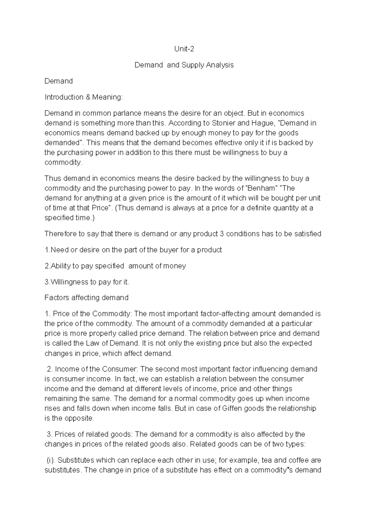 BEFA Unit 2 Demand & Supply Analysis Notes - Studocu