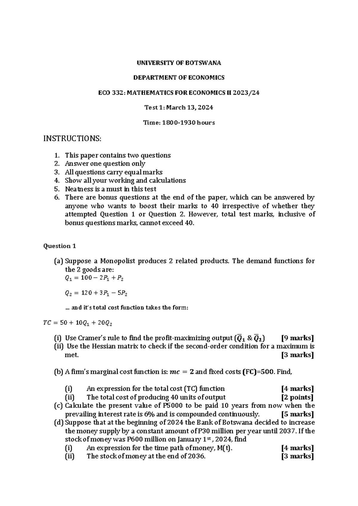 ECO 332 Final Exam Test 1 Paper - March 13, 2024 - Studocu