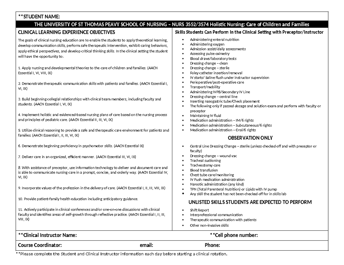 NURS 123: Clinical Learning Experience Objectives for Holistic Nursing ...