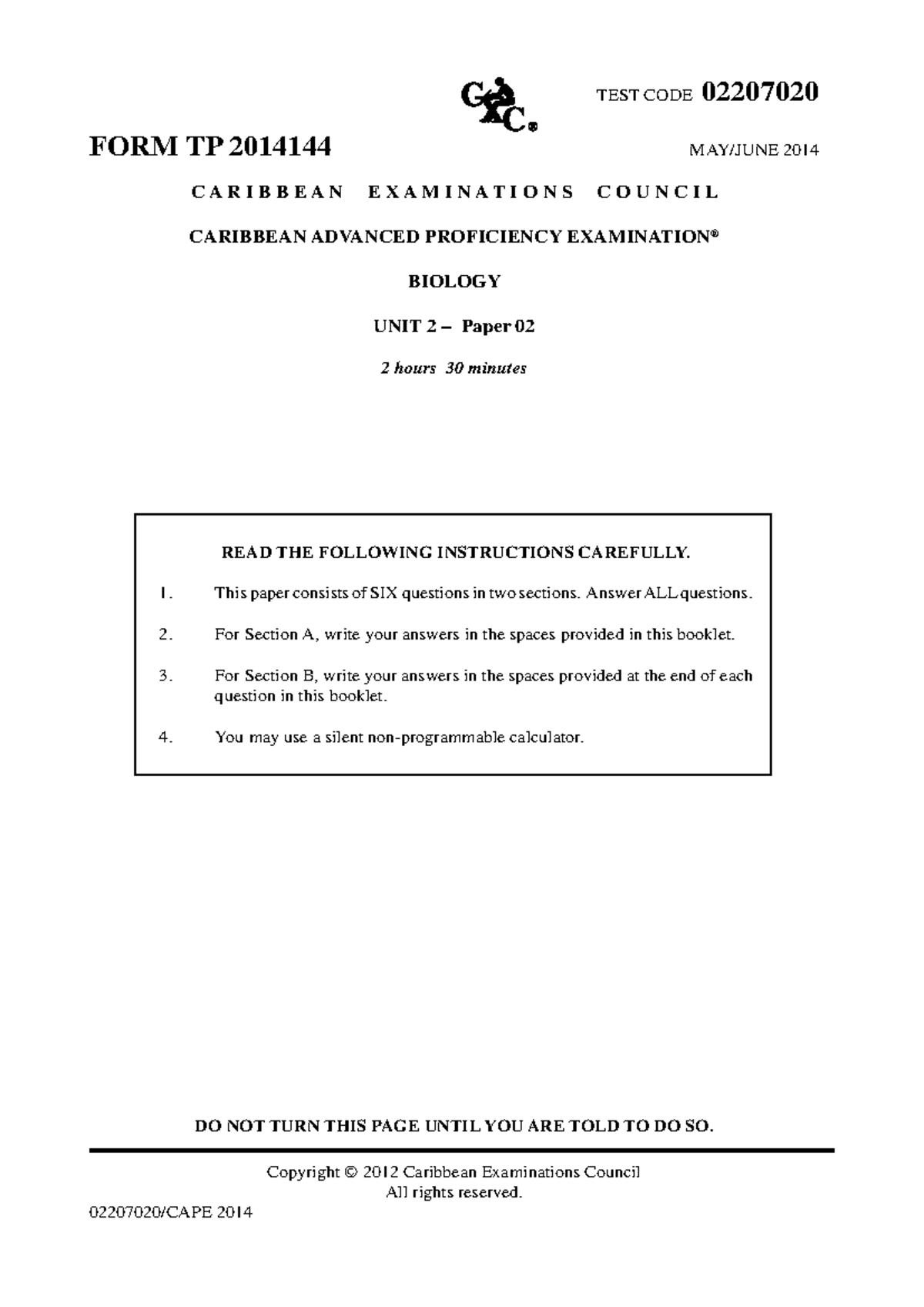 CAPE Biology Unit 2 Paper 02 Exam 2014 - Detailed Instructions and ...