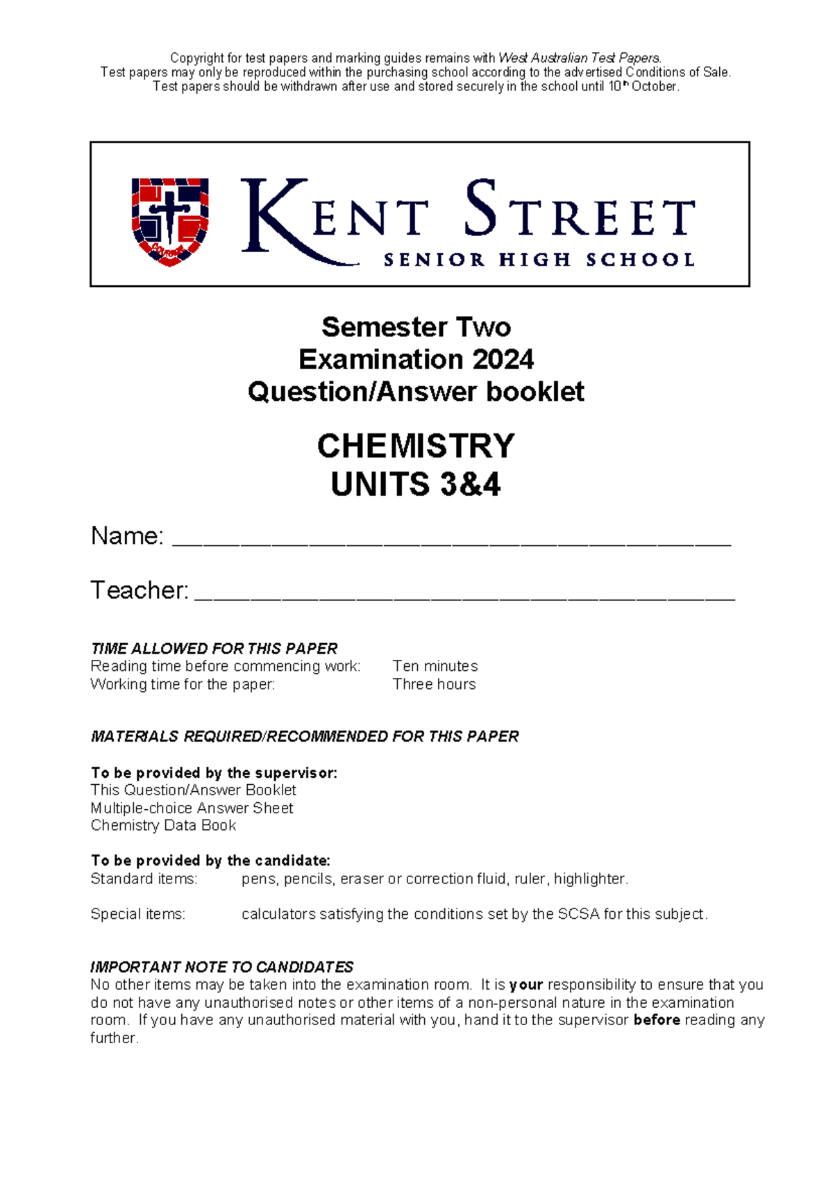 2024 CHEMISTRY UNITS Semester Two Exam Booklet - Studocu