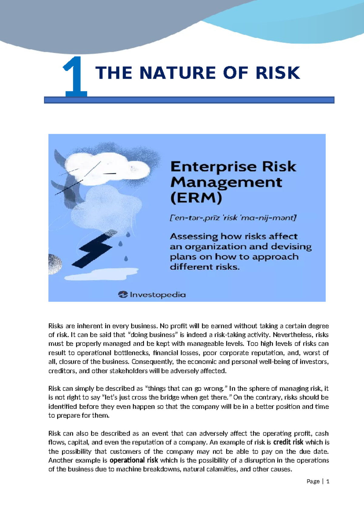 Risk Management: Understanding the Nature of Risk (RISK MNGT CH1) - Studocu