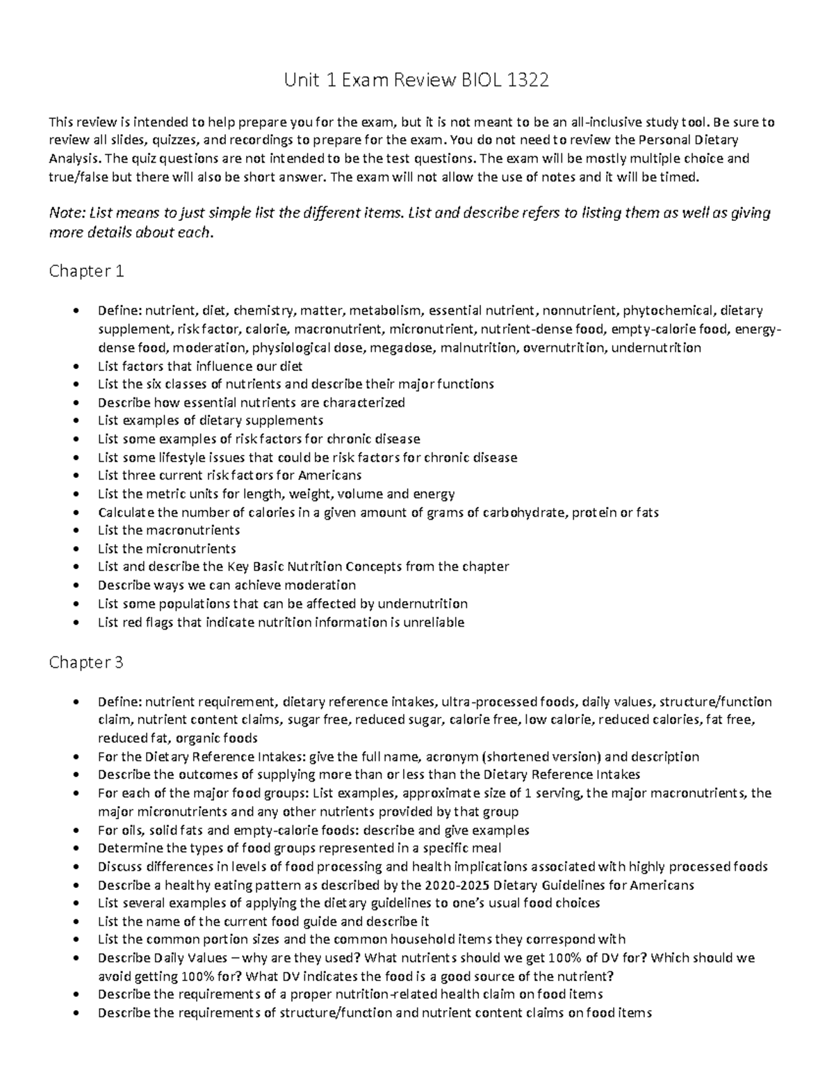 Unit 1 Exam Review for BIOL 1322: Key Nutrition Concepts - Studocu