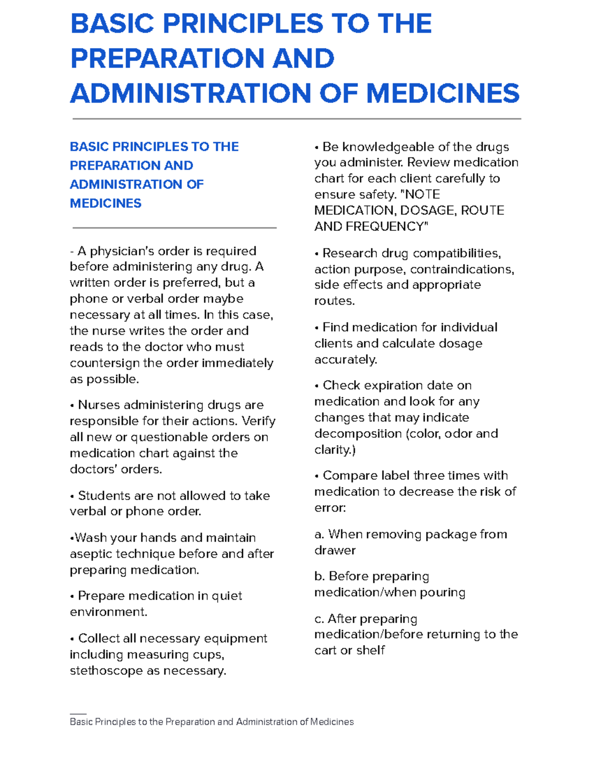 BASIC PRINCIPLES OF MEDICATION PREPARATION & ADMINISTRATION - Studocu