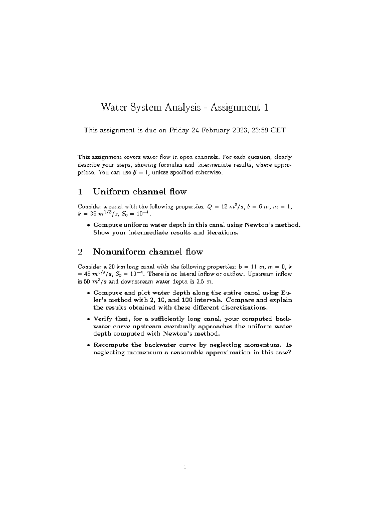 Water System Analysis - Assignment 1 (ENGR 101) - Studeersnel