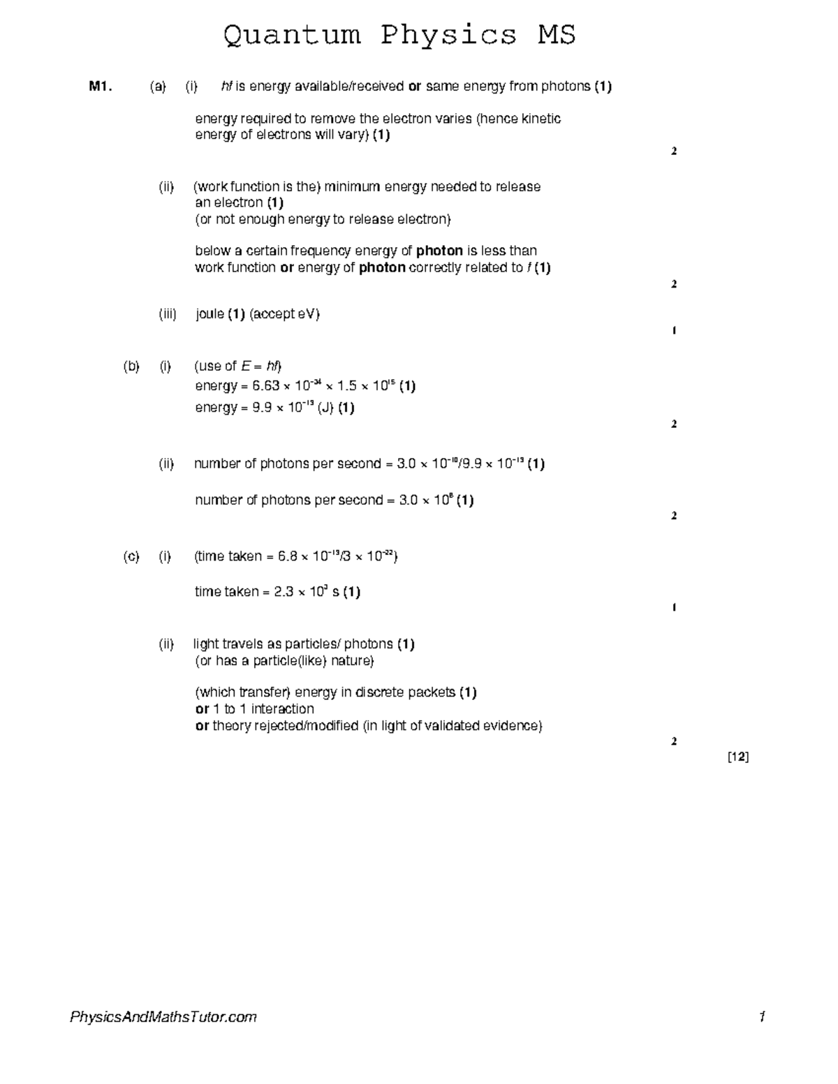 Quantum Physics MS - Marking Scheme and Solutions for Section 1.2 - Studocu