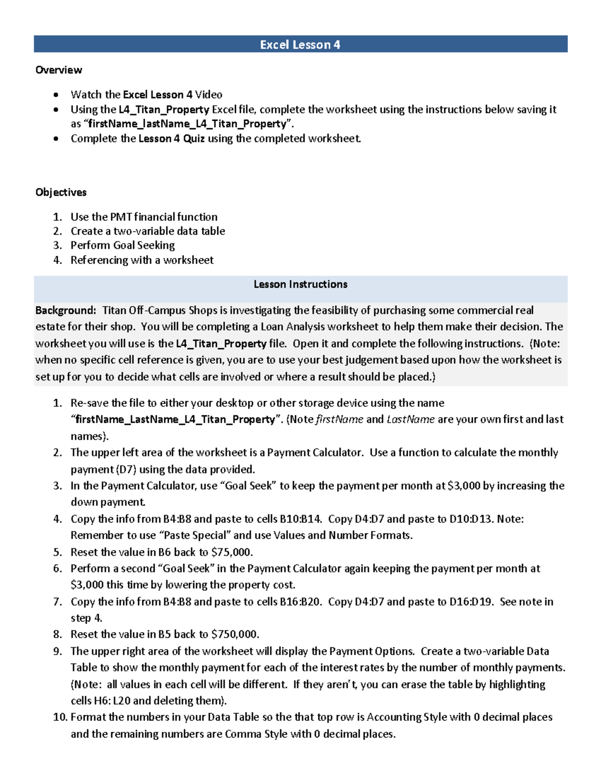 Excel L4 Lesson 4: Loan Analysis & Payment Calculator Guide - Studocu