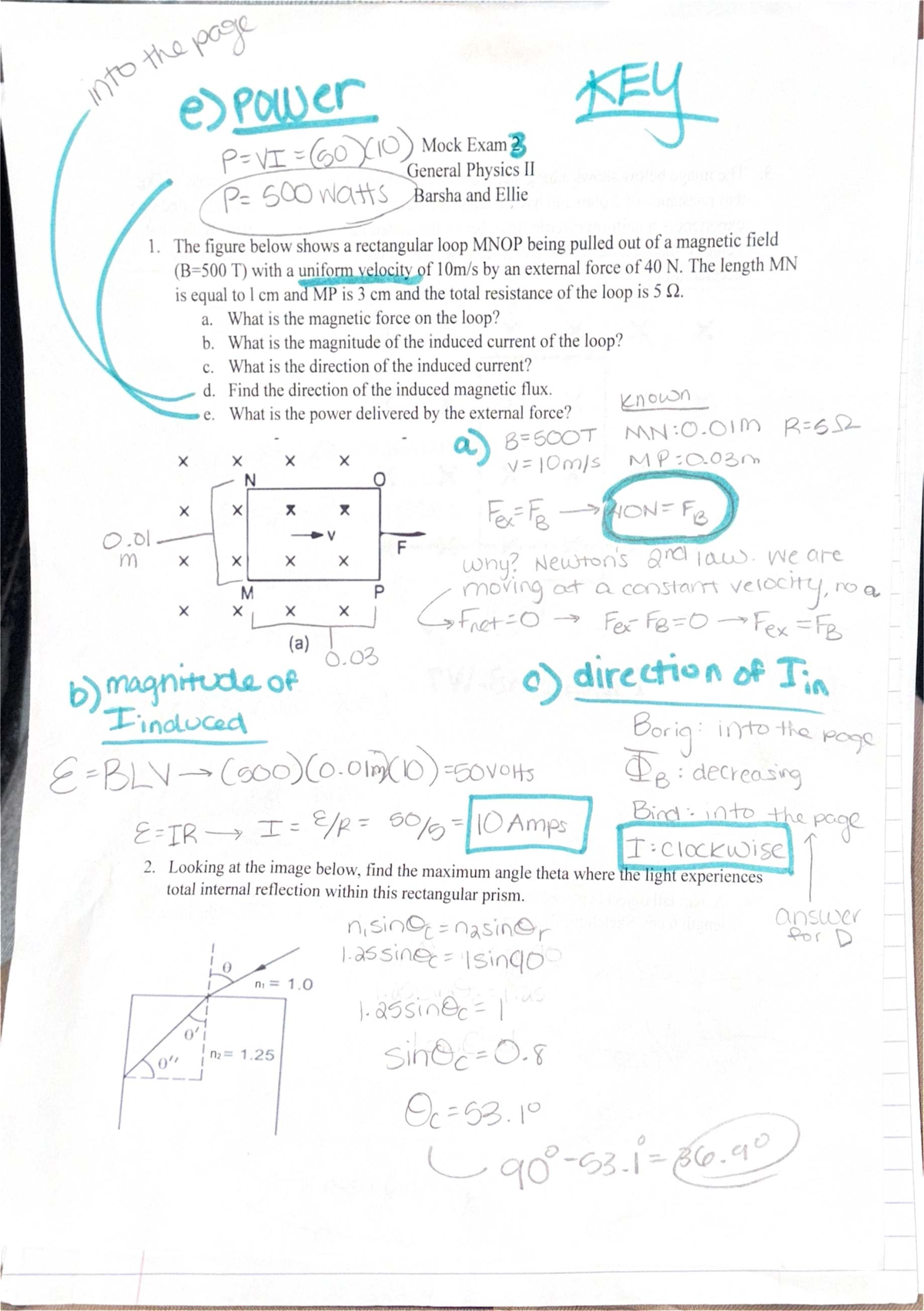 Mock Exam 3 KEY (60)(10) - General Physics II Solutions and Analysis ...