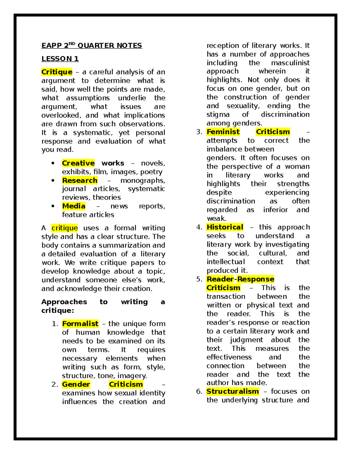 EAPP Grade 11: 2nd Quarter Lesson Notes and Critique Approaches - Studocu