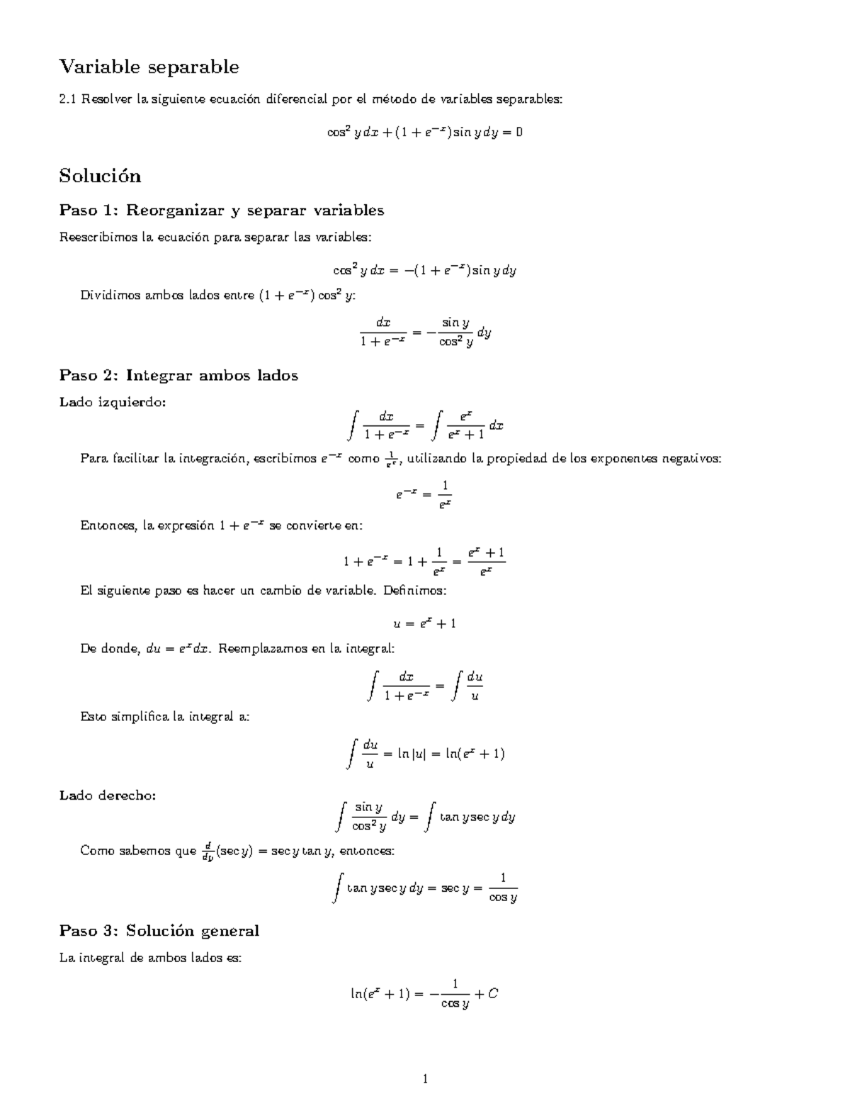 Resolución de Ecuaciones Diferenciales por Variables Separables - 2.1 ...