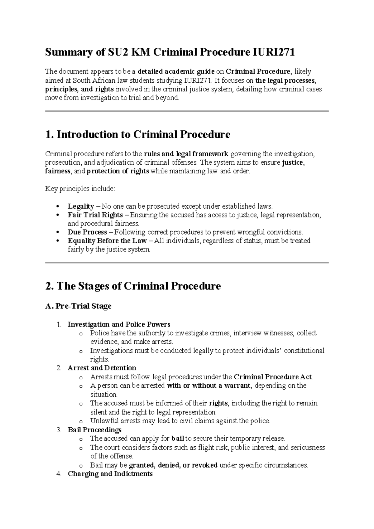 IURI271 Summary of Criminal Procedure in South Africa - Studocu