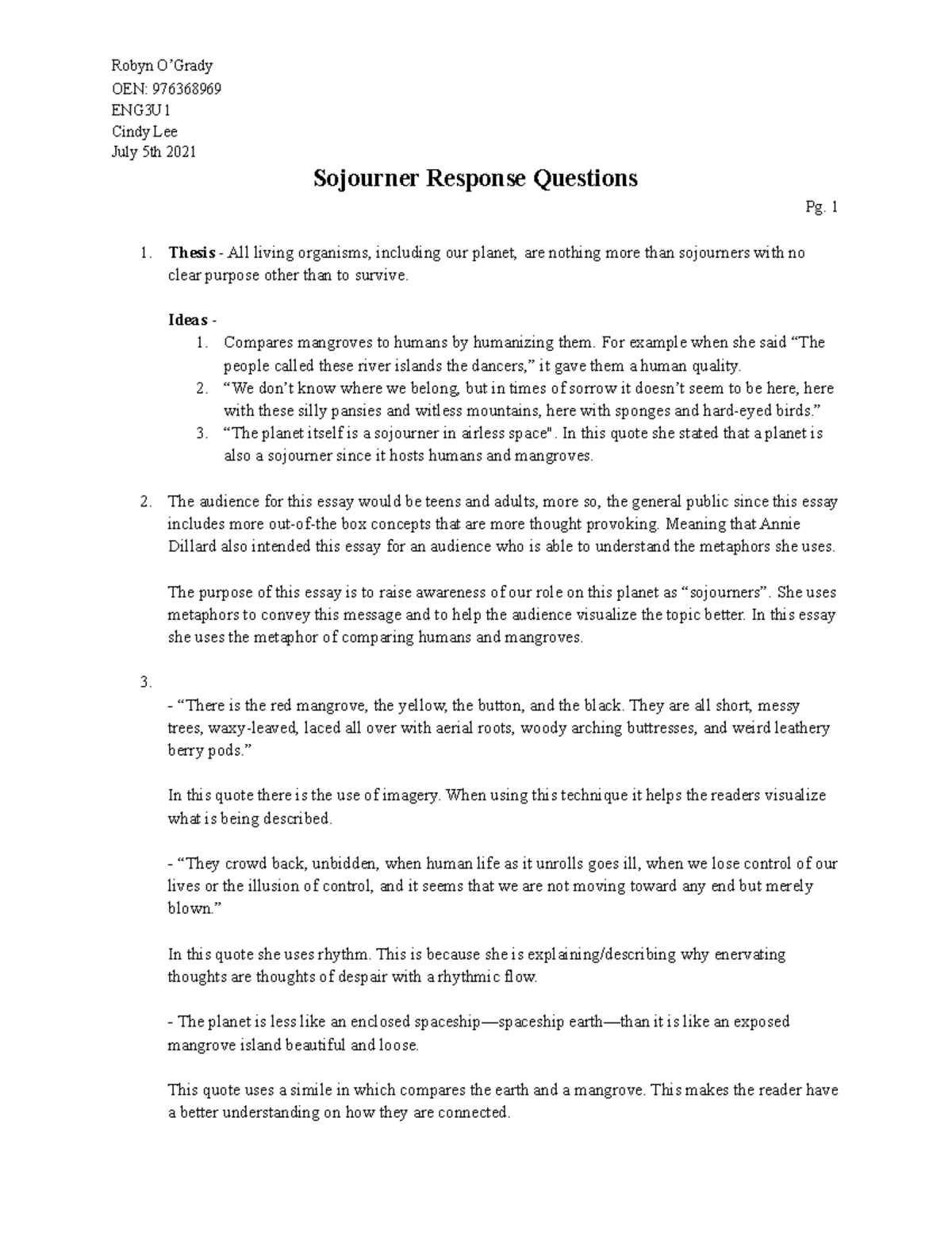 Sojourner Response Questions Insights (ENG3U1) - July 2021 - Studocu