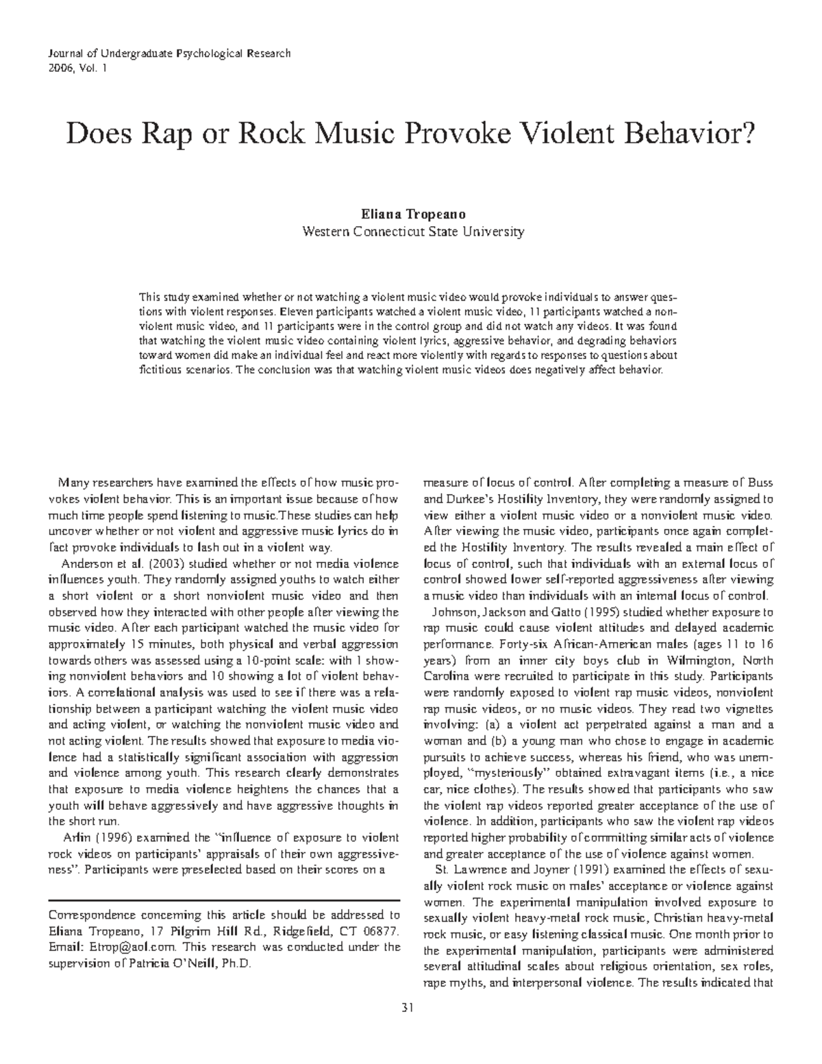 Music and Violence: Examining Aggression in Youth (PSY 2006) - Studocu