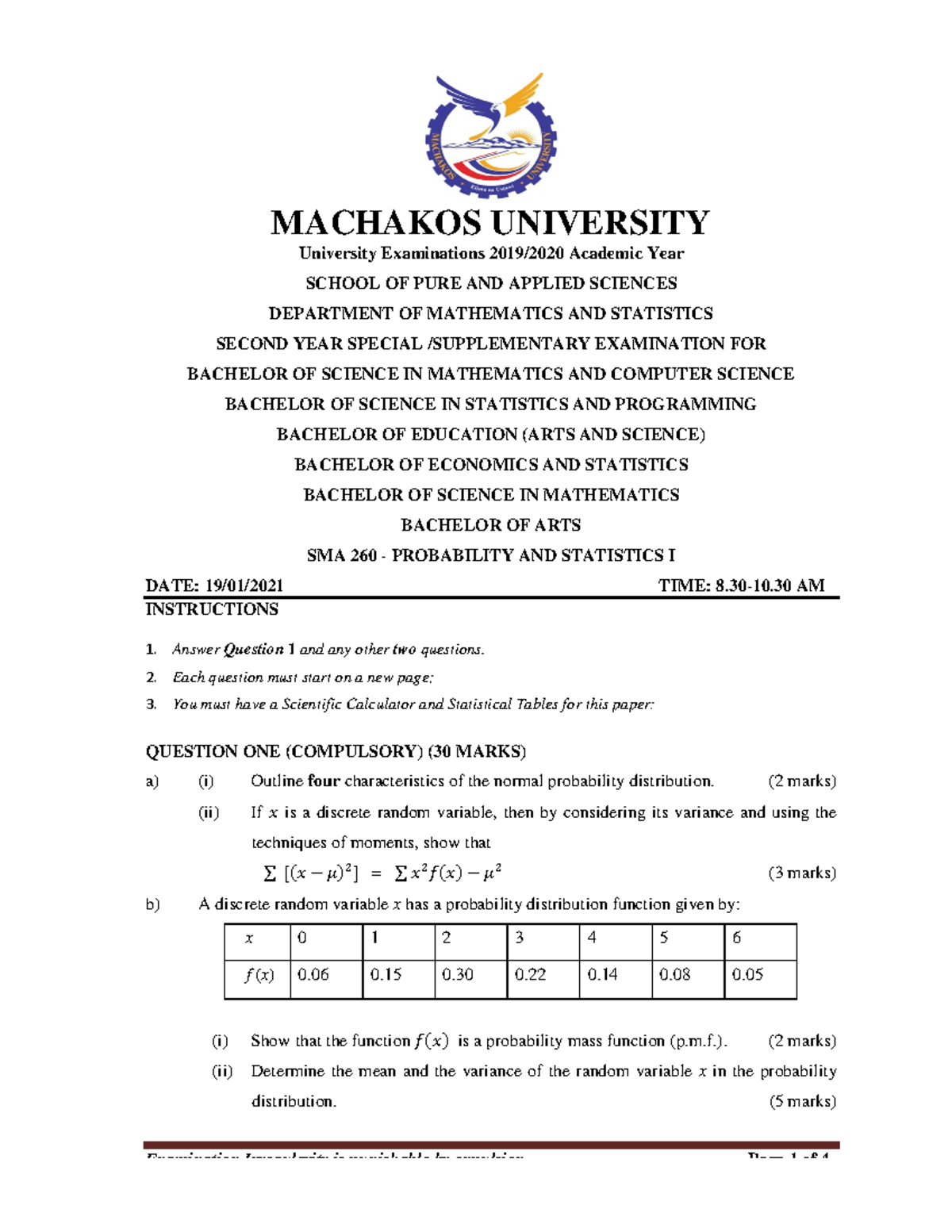 SMA 260 - Probability and Statistics I Final Exam Paper (2019/2020 ...
