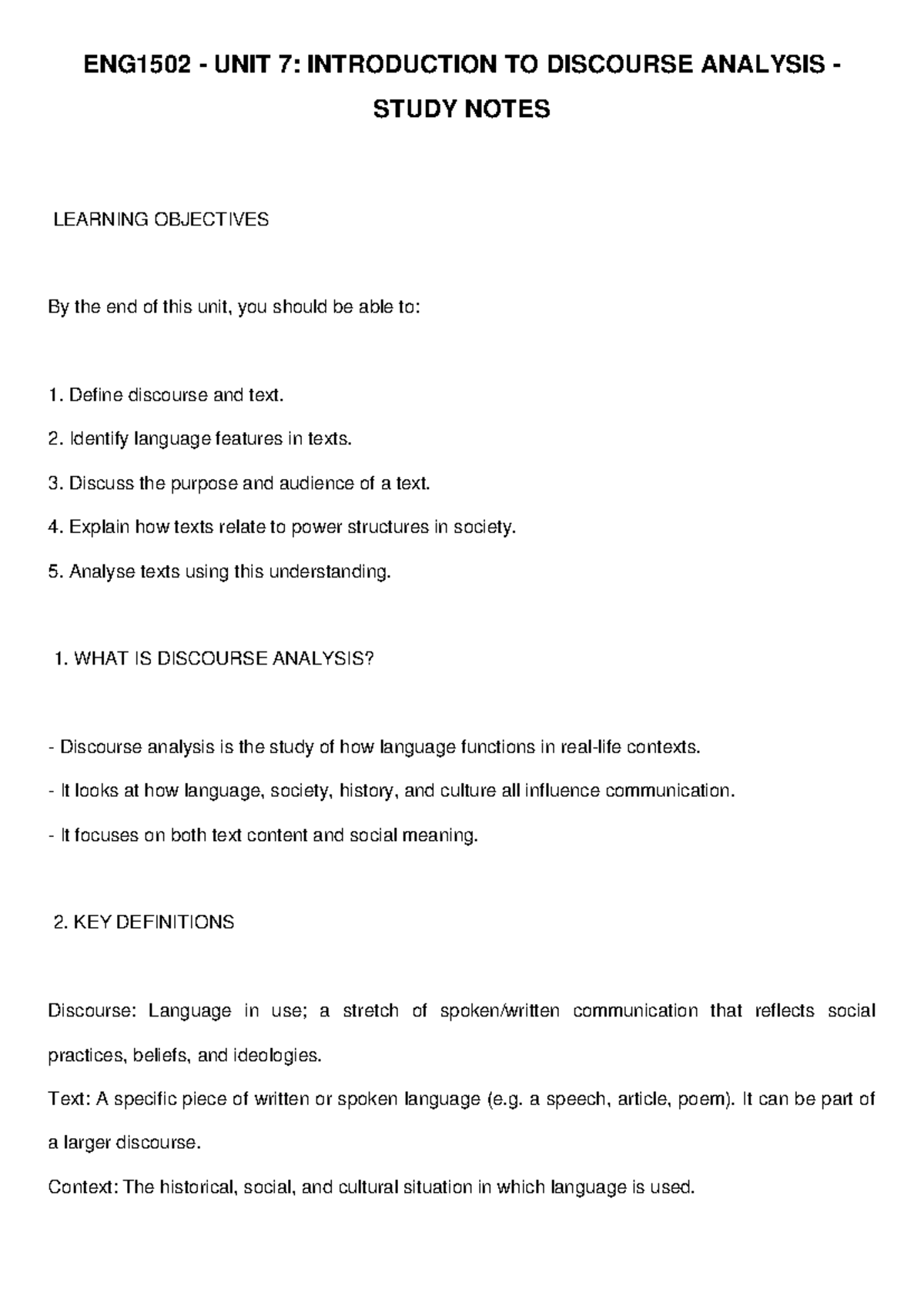 ENG1502 UNIT 7: Discourse Analysis Study Notes & Objectives - Studocu