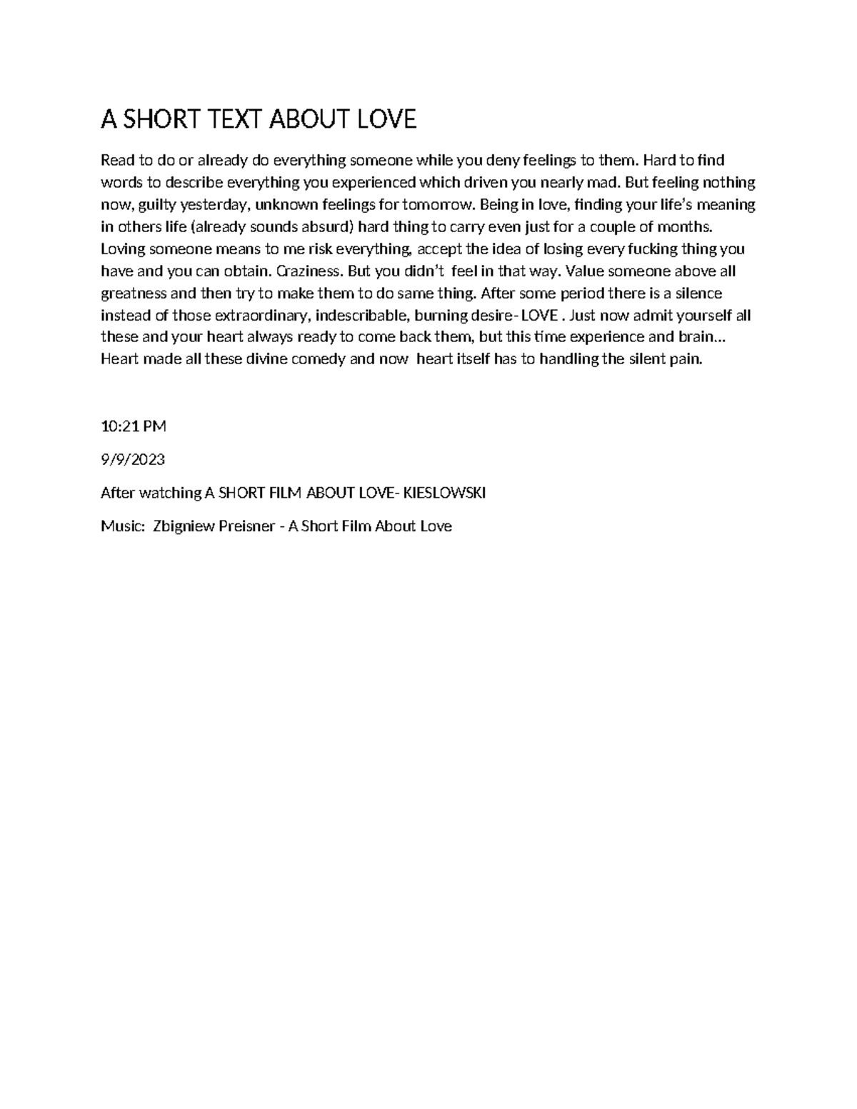 A Short Text About Love: Reflections on Emotion and Pain - Studocu