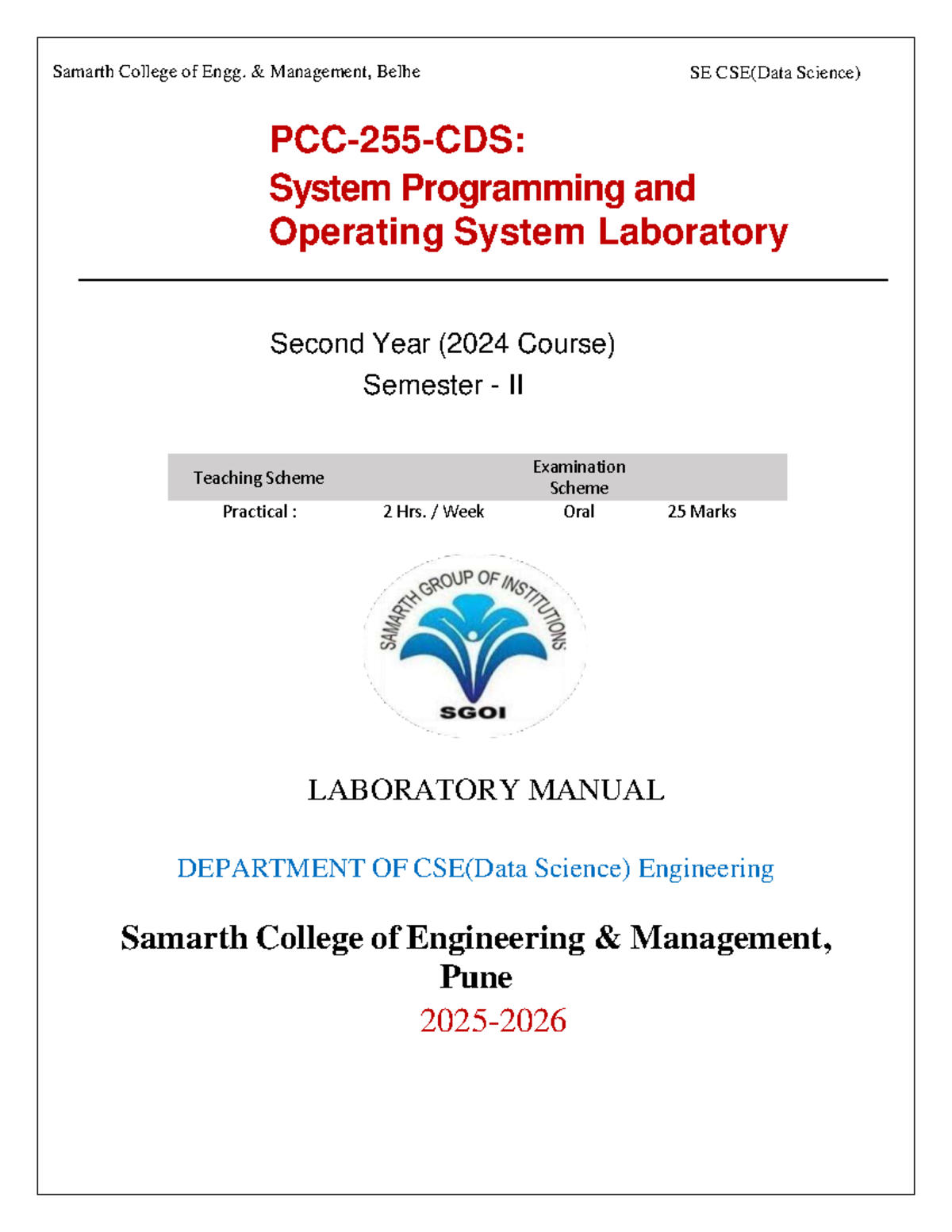 SPOS Lab Manual 2025-26 SE CSE(Data Science) Semester II - Studocu