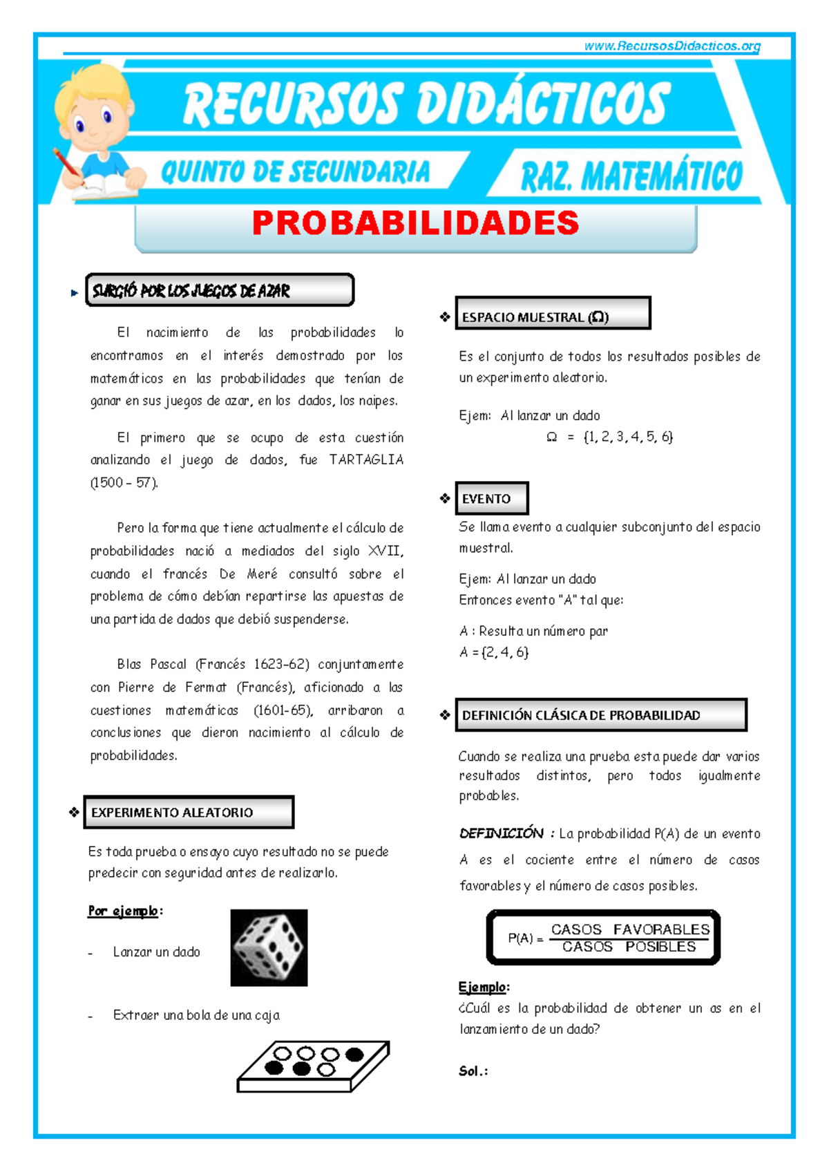 Ejercicios de Probabilidades para Quinto de Secundaria - 5to Sec. - Studocu