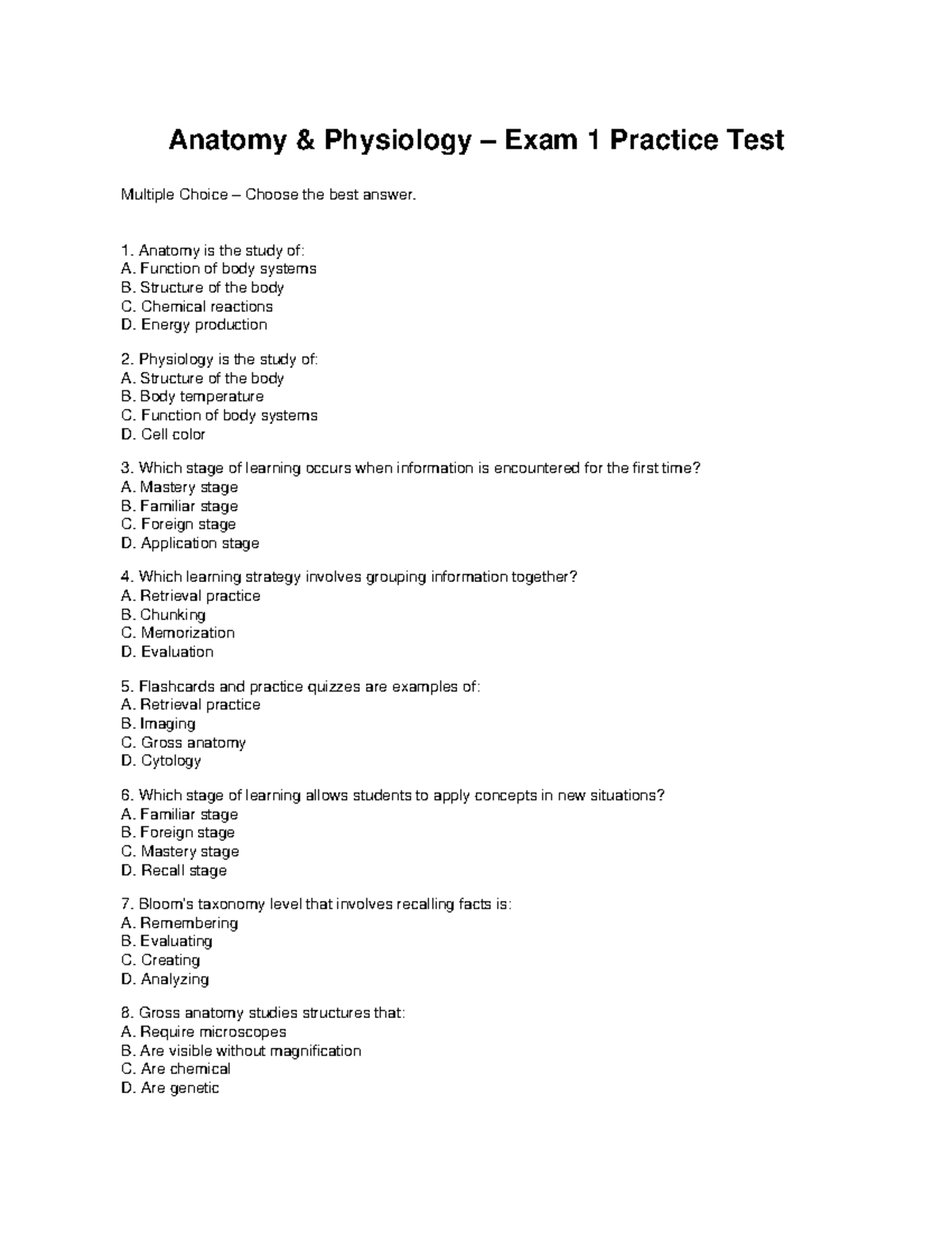 Anatomy PHYS 101 Exam 1 Practice Test: Multiple Choice Questions - Studocu