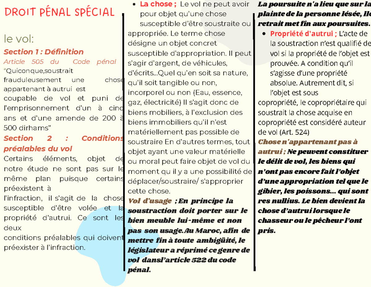 Droit Pénal Spécial : Les Conditions et Éléments du Vol - Studocu