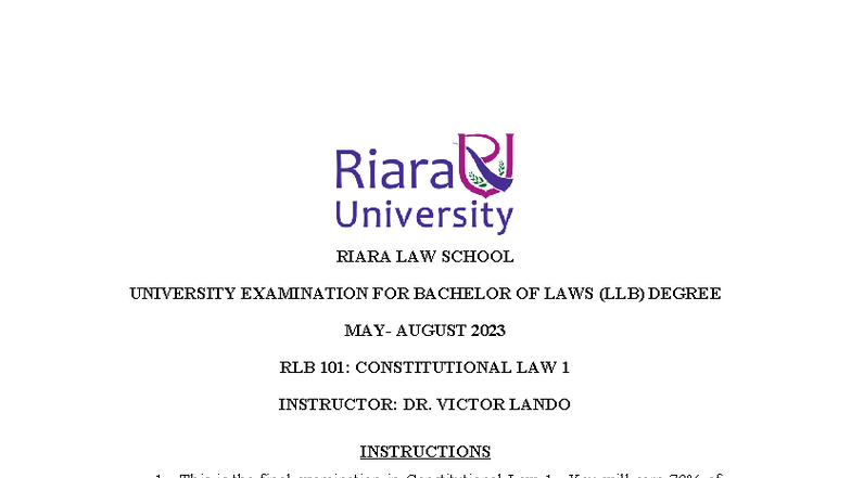 RIARA LAW SCHOOL FINAL EXAMINATION: LLB RLB 101 CONSTITUTIONAL LAW 1 ...