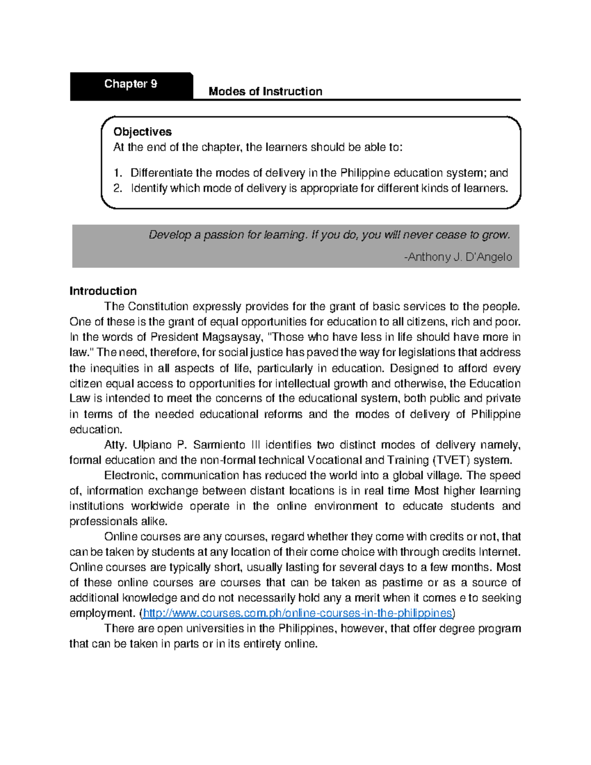 Chapter 9: Modes of Instruction in Acctg 3235 Education System - Studocu