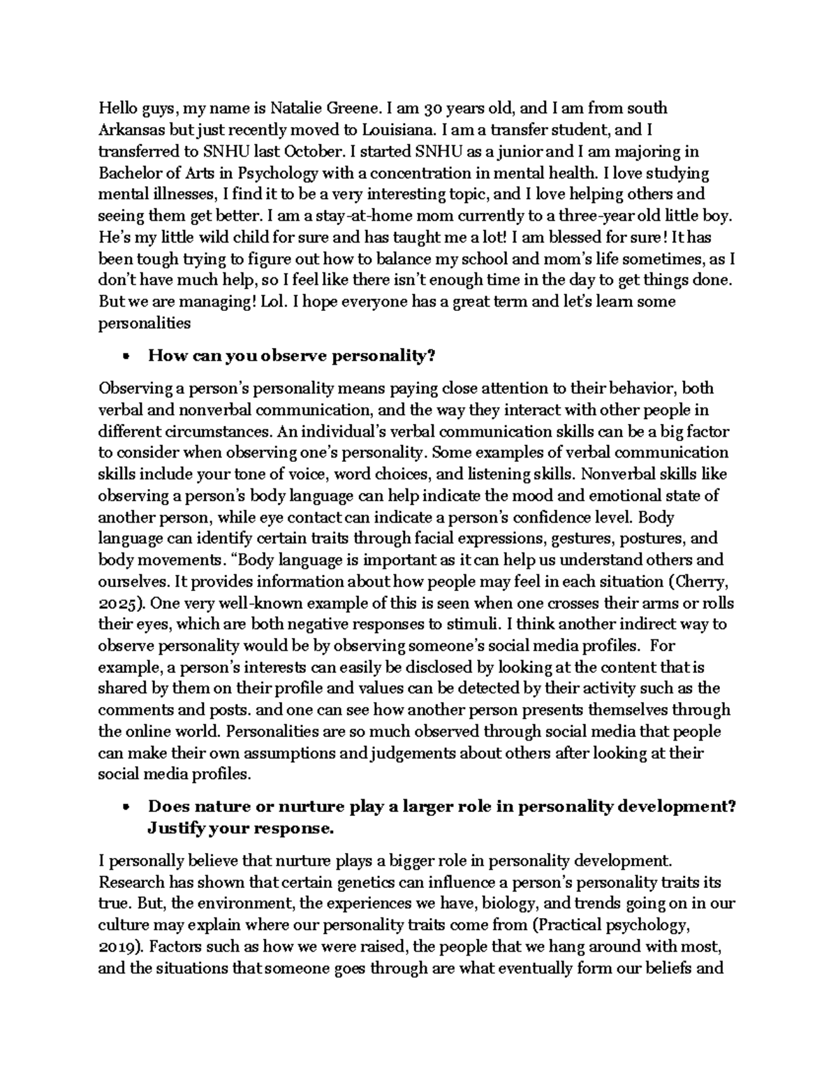PSY-328 Theories of Personality: Module 1 Discussion Insights - Studocu