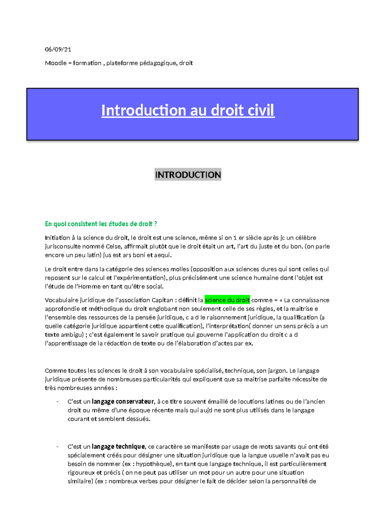 Droit Civil 1 - Introduction au Droit et Caractères des Règles - Studocu
