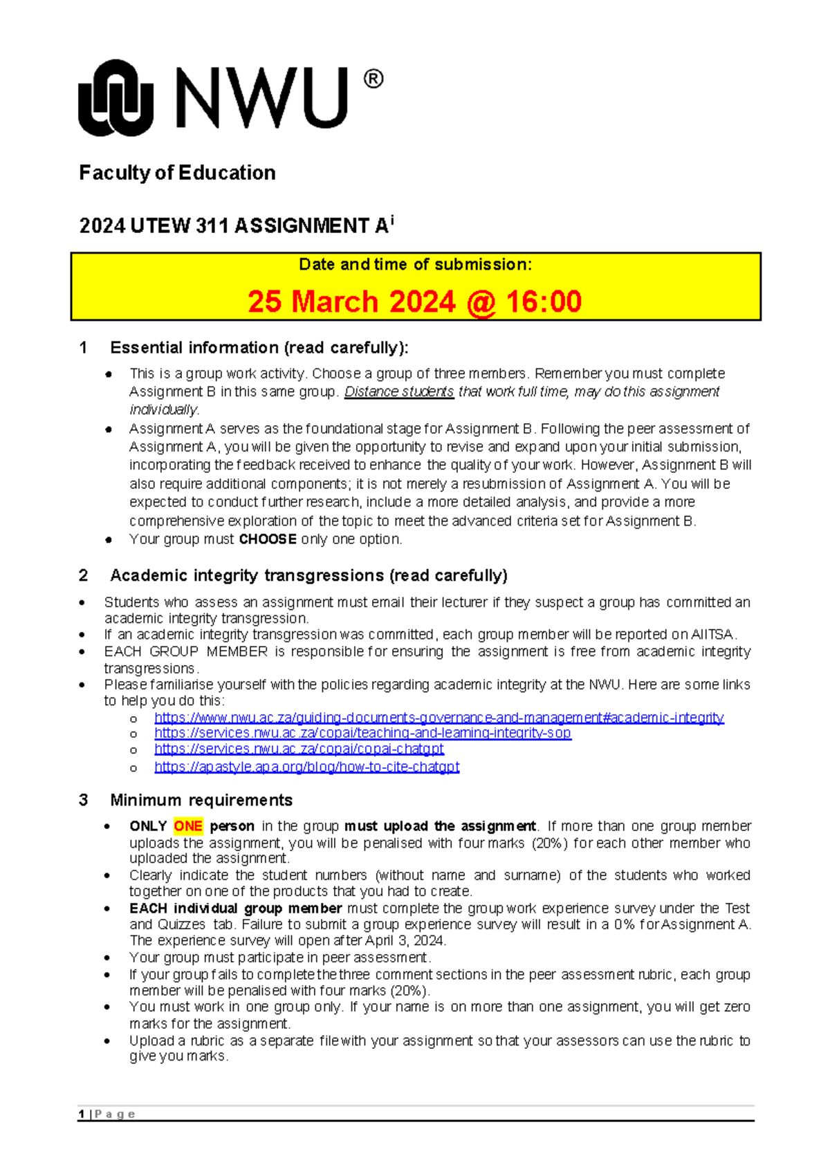 2024 UTEW 311 Assignment A: Group Project Guidelines and Requirements ...