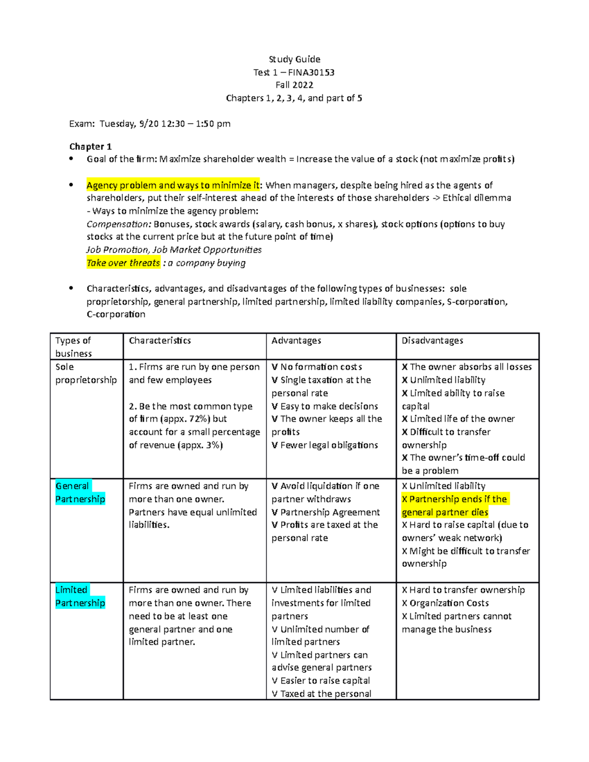 Study Guide for FINA 101 - Test 1 Review and Key Concepts - Studocu