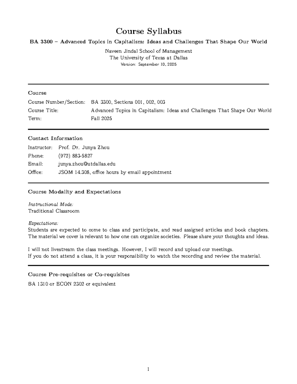 BA 3300 Syllabus: Advanced Topics in Capitalism for Fall 2025 - Studocu