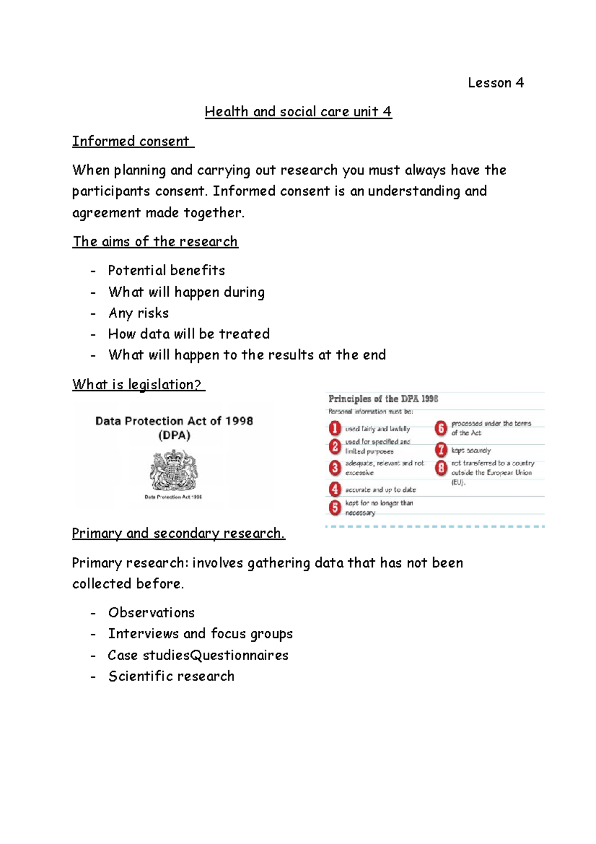 Lesson 4 - class notes unit 4 - Lesson 4 Health and social care unit 4 ...