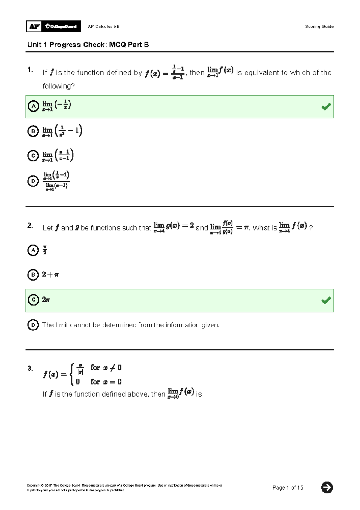 AP Calculus AB Unit 1 Progress Check: MCQ Part B Scoring Guide - Studocu