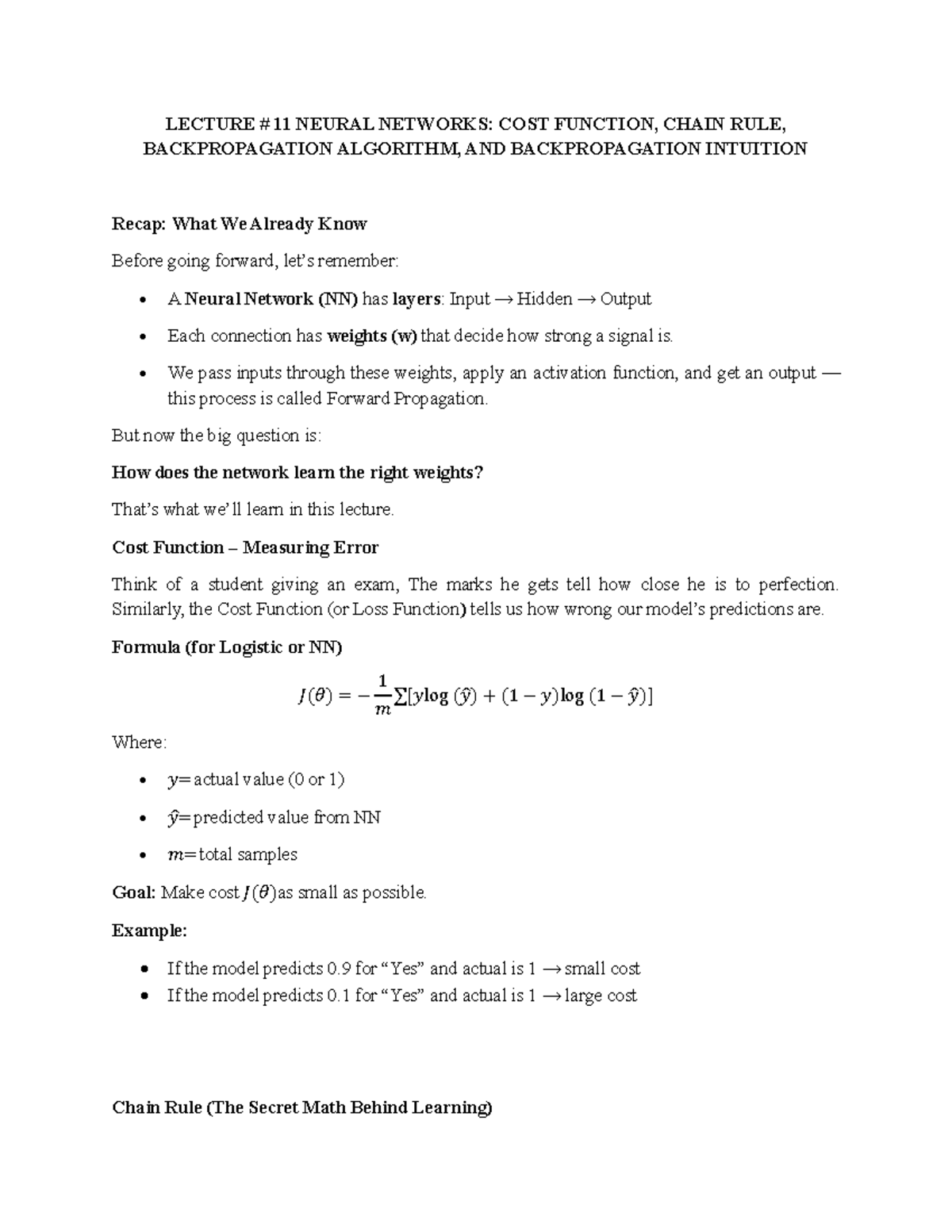 LECTURE 11: NEURAL NETWORKS - COST FUNCTION & BACKPROPAGATION - Studocu