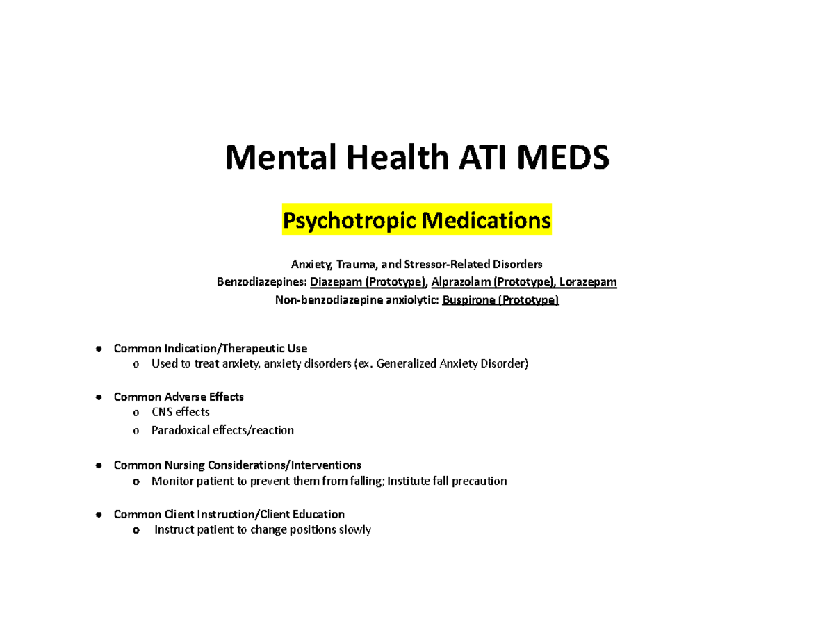 Mental Health ATI MEDS: Psychotropic Medications Overview and Nursing ...