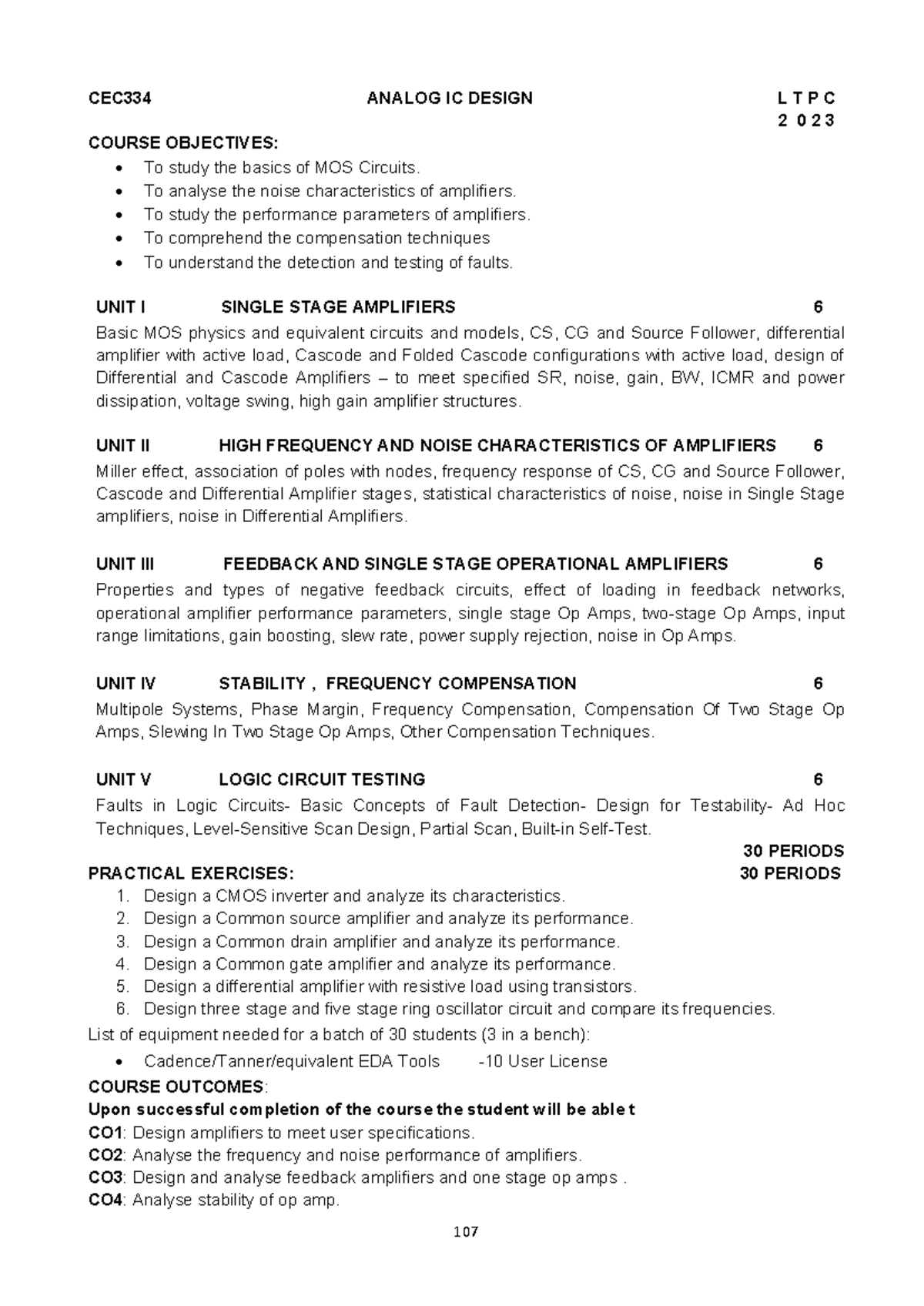 CEC334 ANALOG IC DESIGN SYLLABUS AND COURSE OBJECTIVES - Studocu