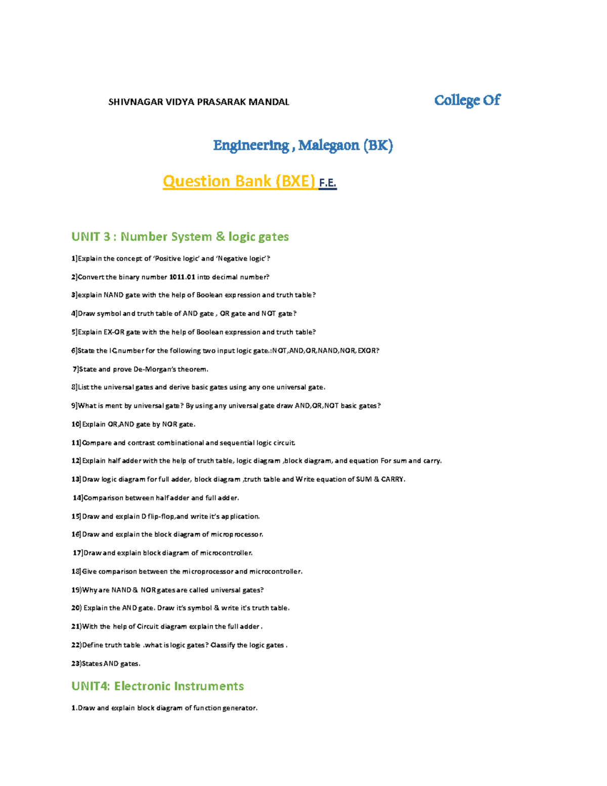 BXE Question Bank for Units 3, 4 & 5: Logic Gates, Instruments ...