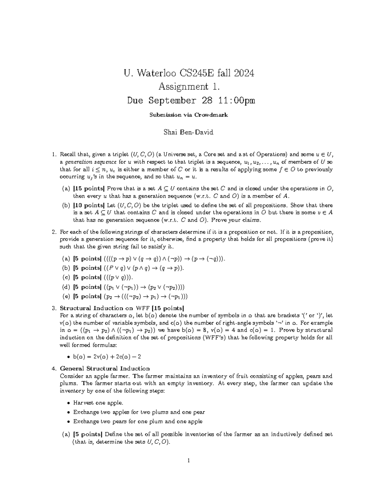 Assignment 1 - U. Waterloo CS245E fall 2024 Assignment 1. Due September ...