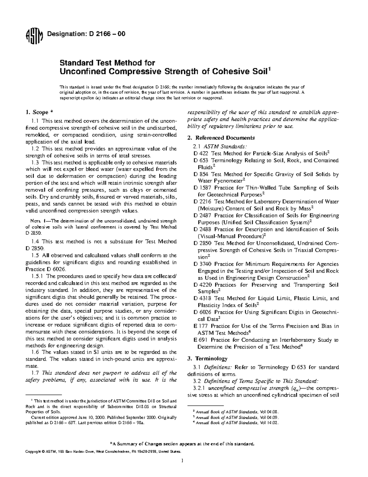 D 2166 Standard Test Method for Unconfined Compressive Strength of ...