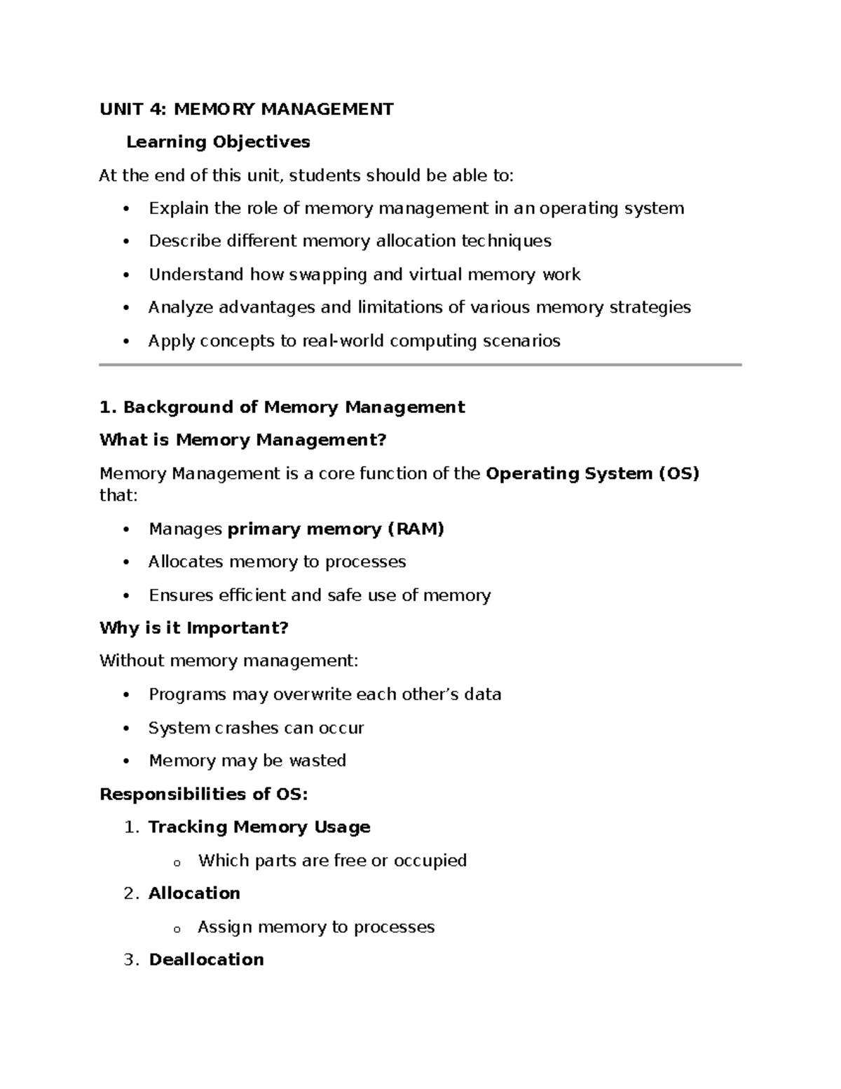 UNIT 4: Memory Management Techniques and Concepts - Studocu
