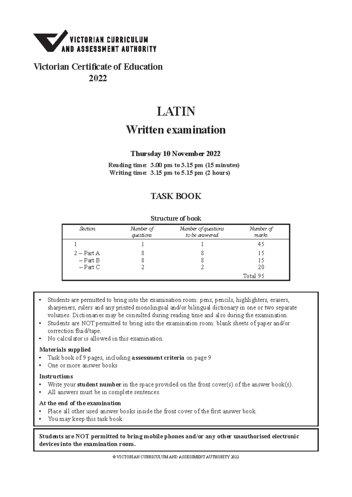 2022 VCE Latin Written Exam - Exam Structure & Analysis Questions - Studocu